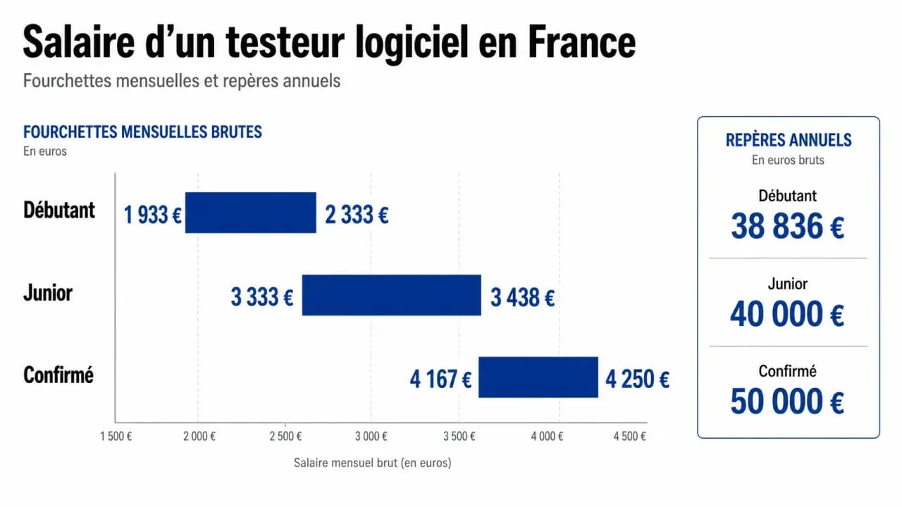 Testeur logiciel salaire : infographie des fourchettes de rémunération en France selon l’expérience