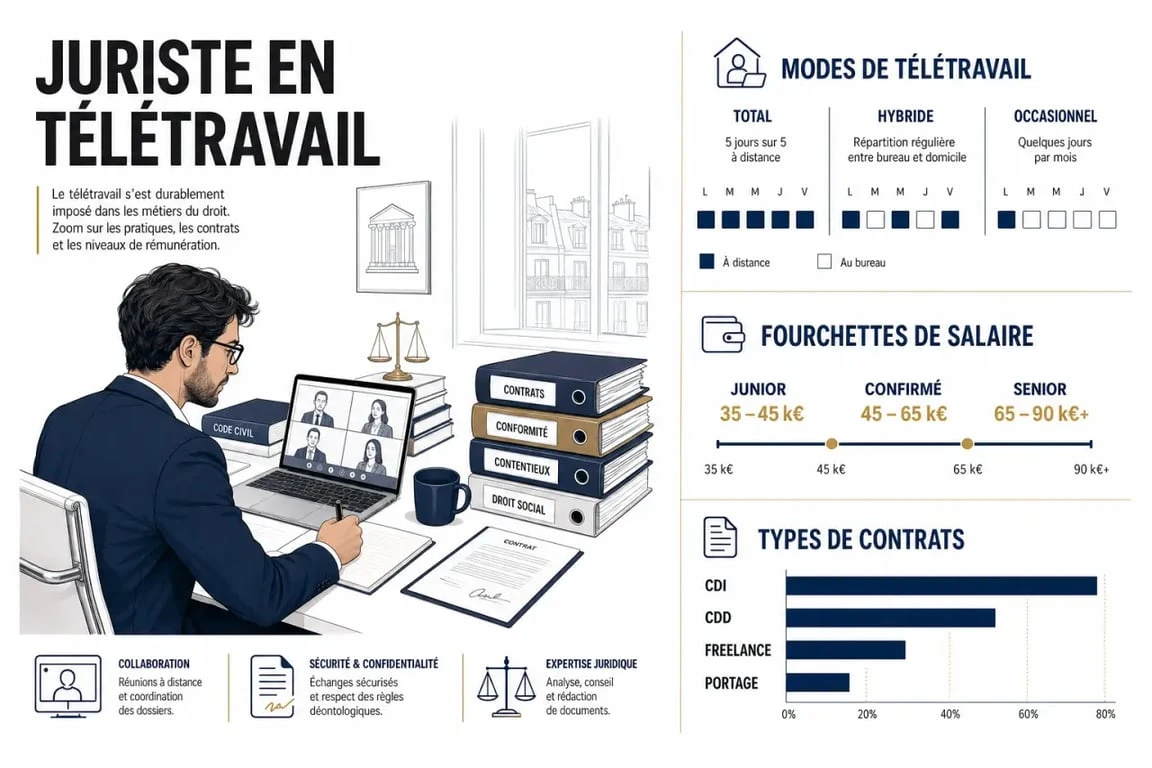 Juriste télétravail : infographie éditoriale sur les modalités de travail, les salaires et les contrats