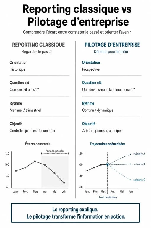 Infographie comparative : reporting classique vs pilotage d'entreprise pour la performance.