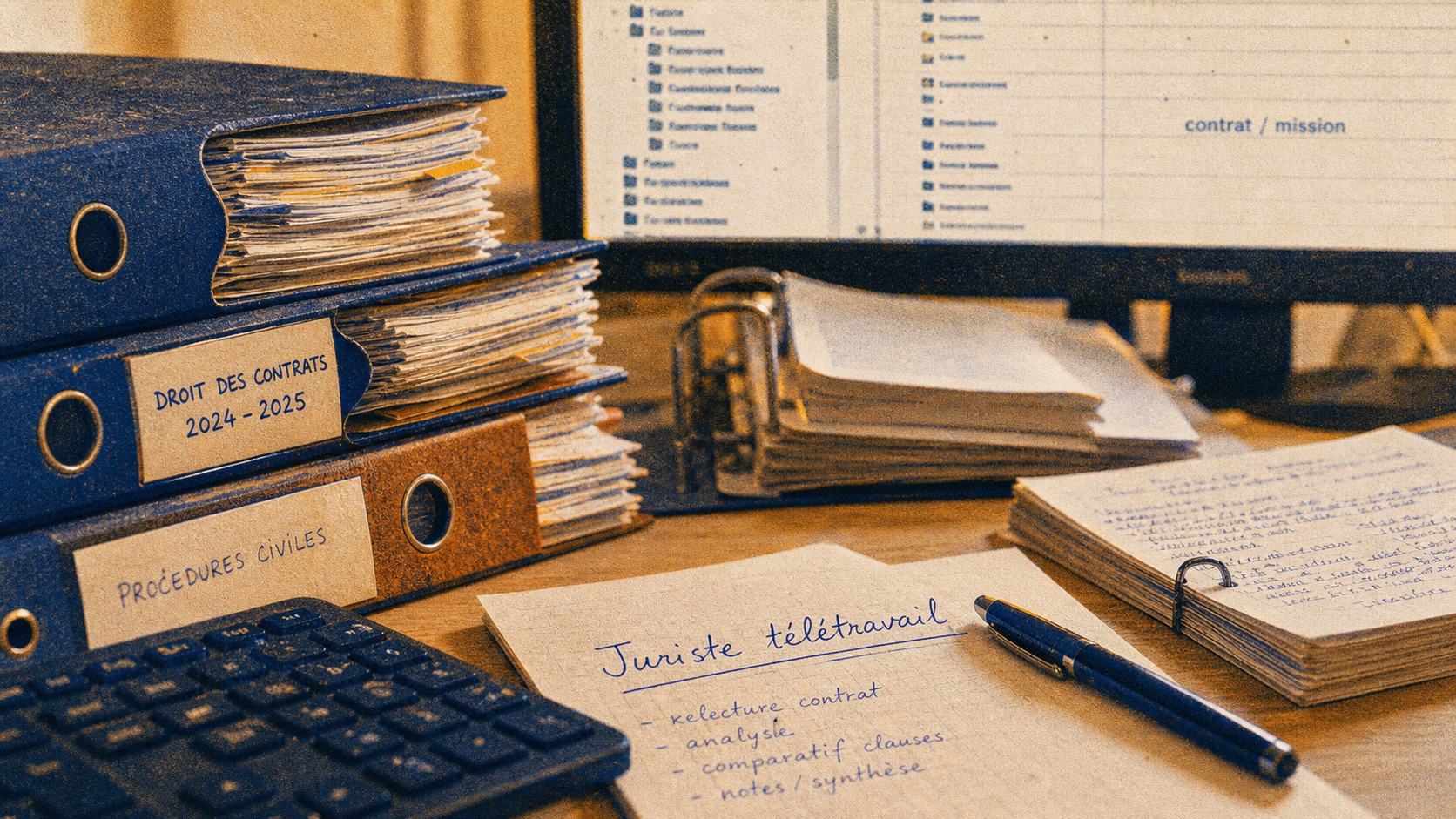 Juriste télétravail : dossiers et contrats sur bureau, offre total ou hybride