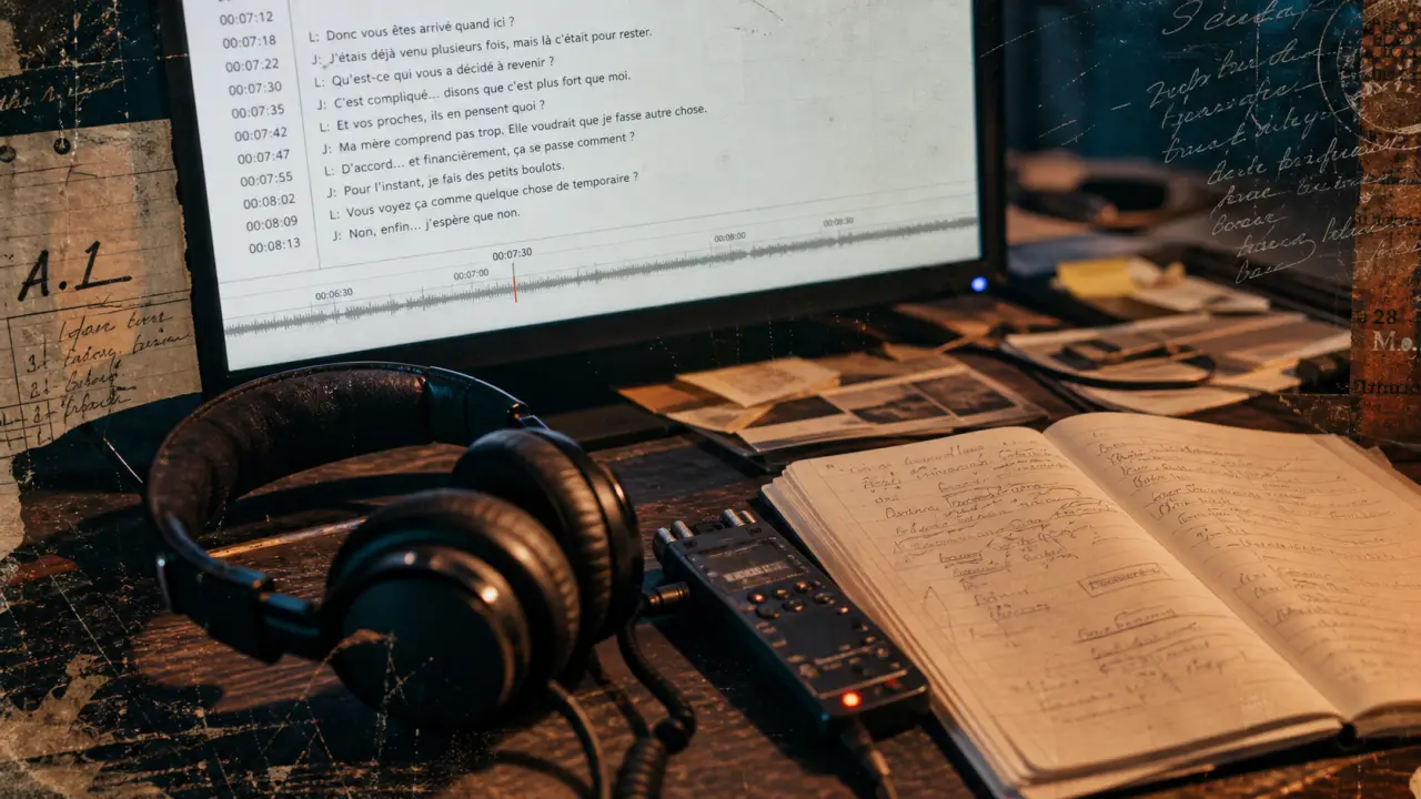 Transcripteur humain ou automatique : précision attendue, casque et dictaphone sur bureau