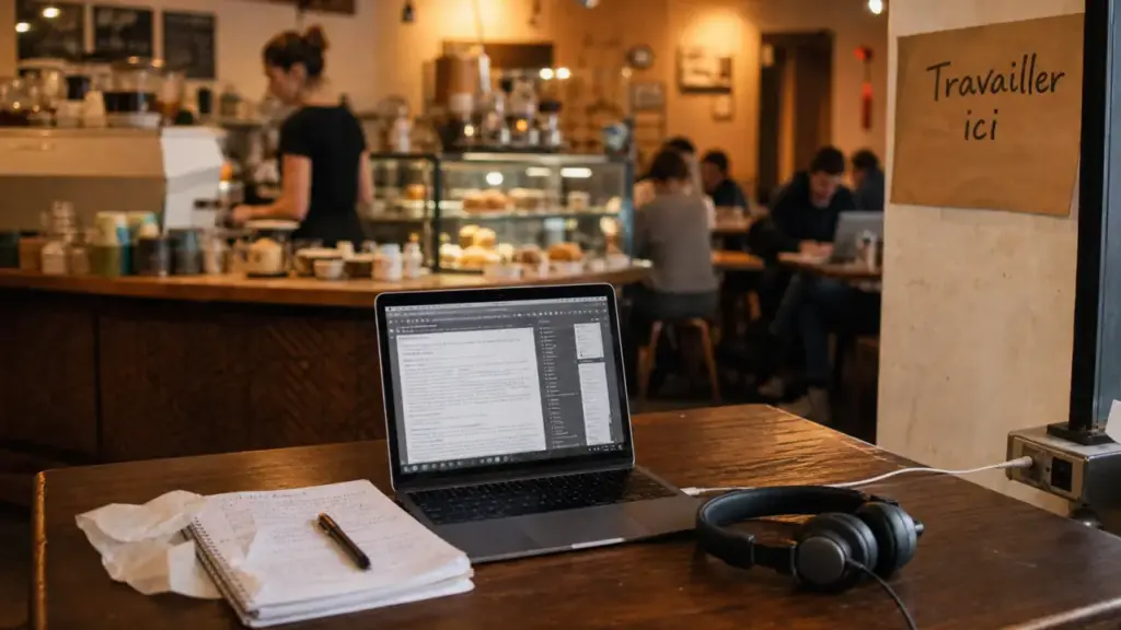 Travailler dans un cafe : laptop sur table, barista en arrière-plan