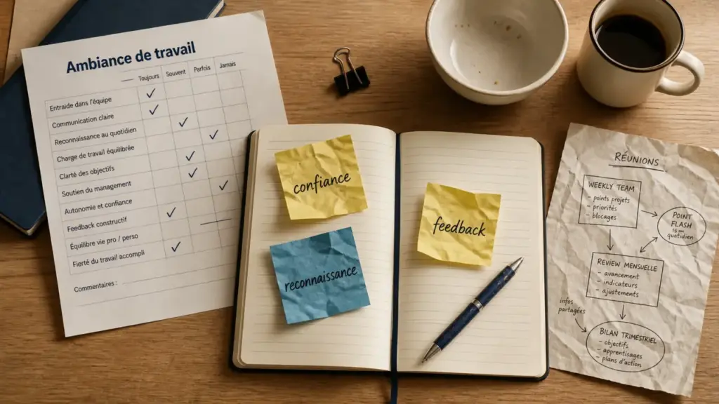 Ambiance travail : carnet et post-it confiance, reconnaissance, feedback sur table