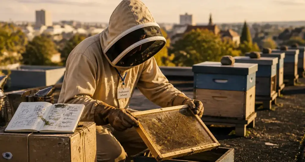 Apiculture entreprise lyon : apiculteur vérifie une ruche vitrée sur toiture