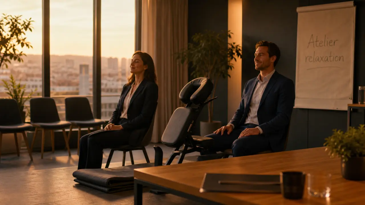 Atelier relaxation en entreprise à Lyon : chaise de massage, sérénité au bureau
