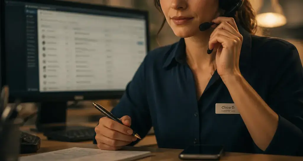 Customer care agent au casque micro, outil CRM visible, gestion des réclamations