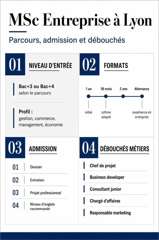 Infographie sur la formation entreprise MSc à Lyon avec admission, alternance, durée et débouchés