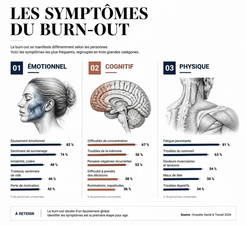 Infographie des symptômes du burn-out en télétravail
