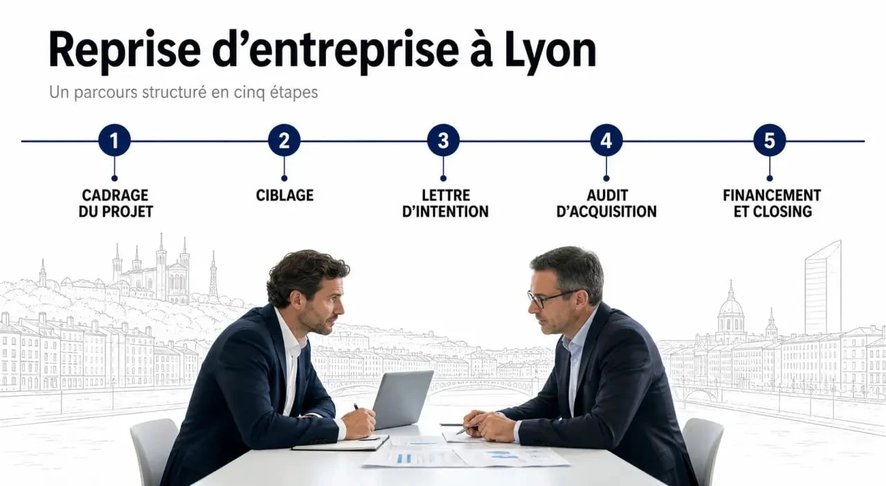 Cabinet accompagnement reprise entreprise lyon : schéma des étapes clés d’une reprise d’entreprise à Lyon
