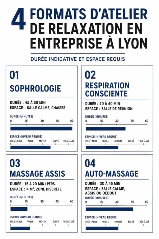 Atelier relaxation en entreprise Lyon illustré par un comparatif visuel des formats sophrologie, respiration consciente, massage assis et auto-massage