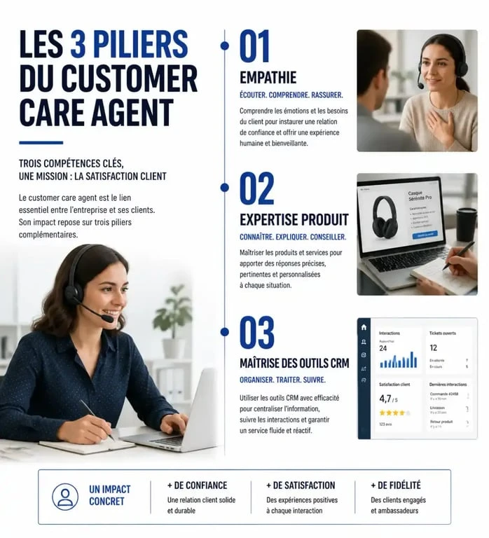 Infographie des compétences clés d'un customer care agent