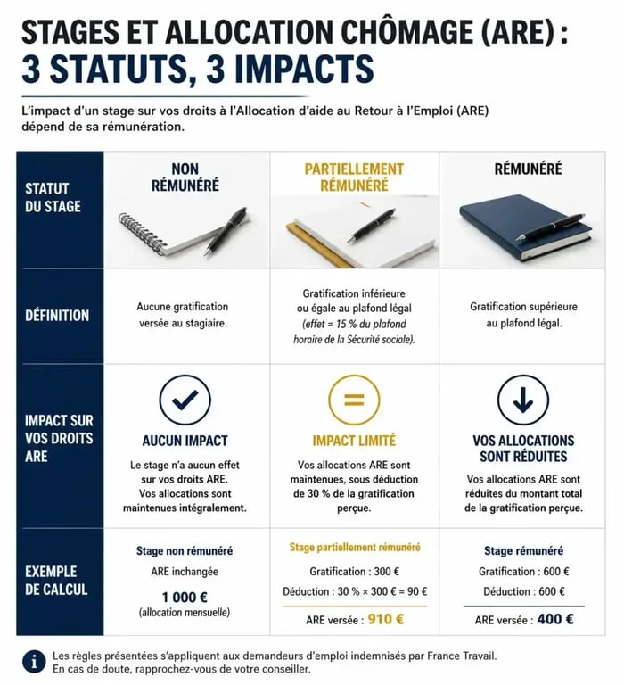Infographie sur le cumul entre chômage et stage et l'impact de la gratification sur les allocations ARE