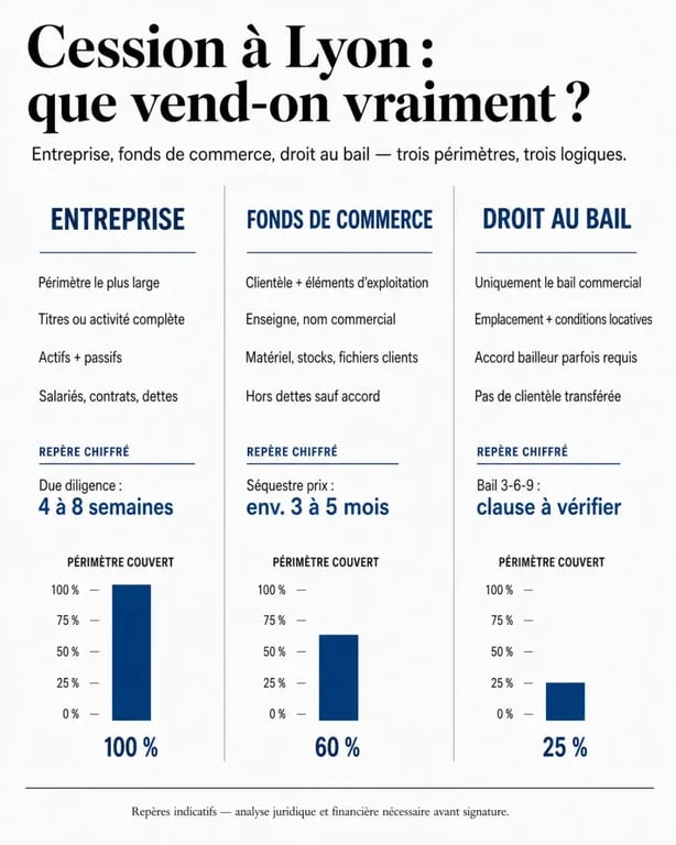 cession entreprise lyon : comparaison visuelle entre entreprise, fonds de commerce et droit au bail
