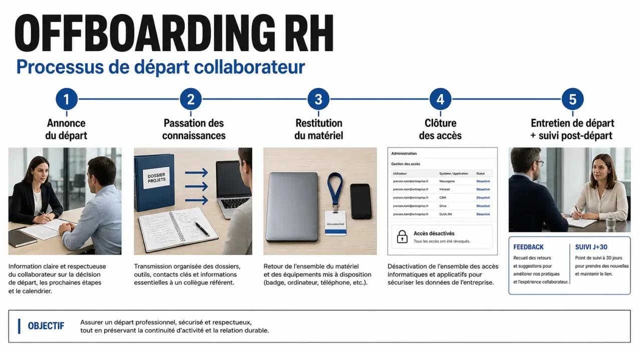 Offboarding définition : schéma des étapes clés du processus RH d’offboarding
