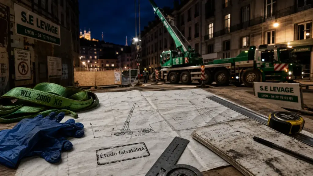 Entreprise levage Lyon : plan de levage et grue mobile sur chantier