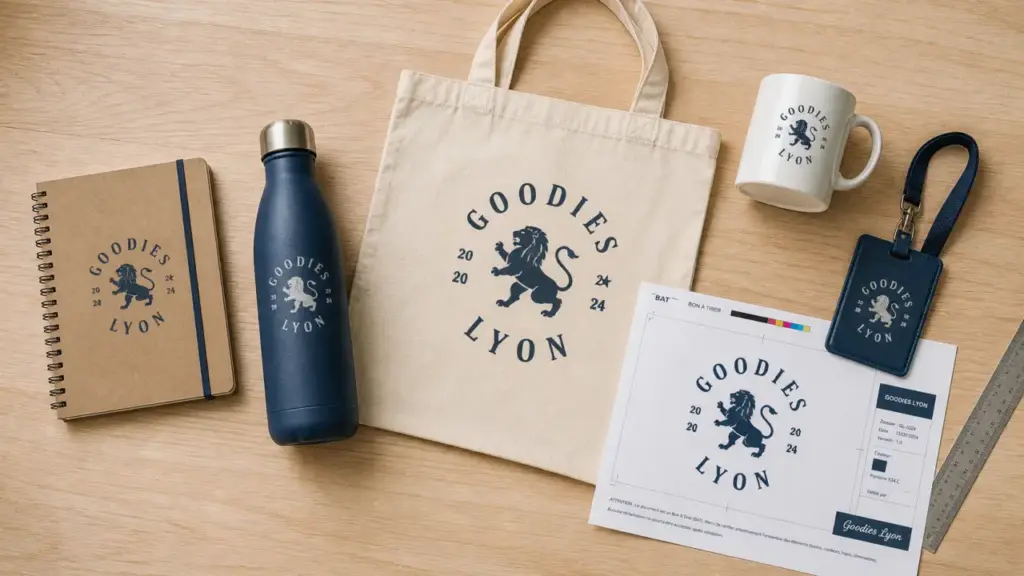 Goodies entreprise Lyon : gourde, tote bag et carnet sur bureau