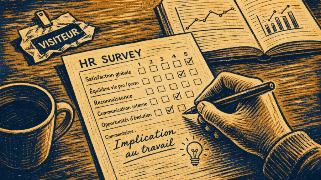 Implication au travail en enquête RH, main cochant un formulaire