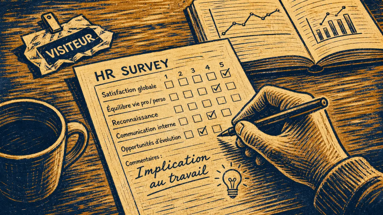 Implication au travail en enquête RH, main cochant un formulaire