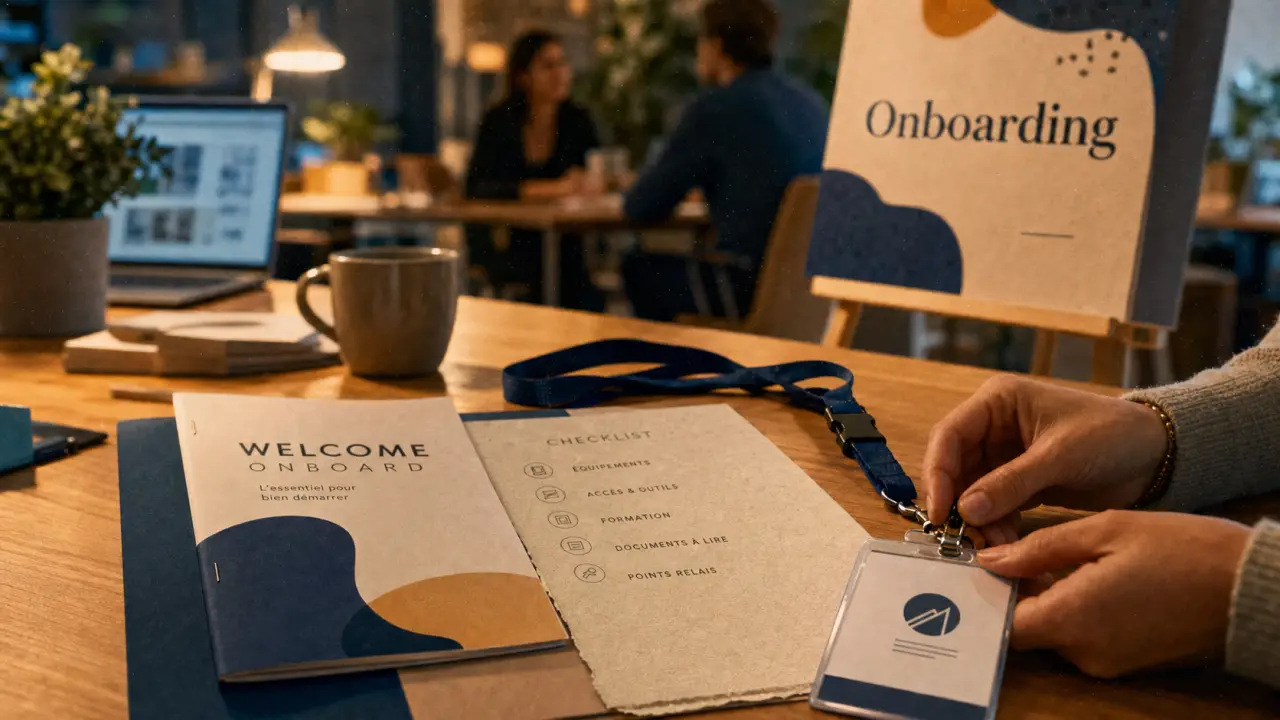 Intégration entreprise : accueil onboarding avec badge et checklist