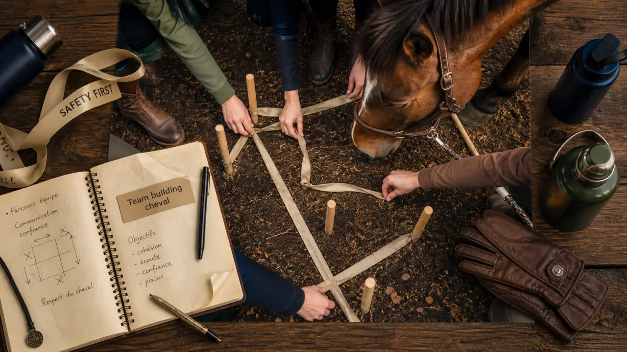 Team building cheval Lyon : participants au briefing avec cheval calme