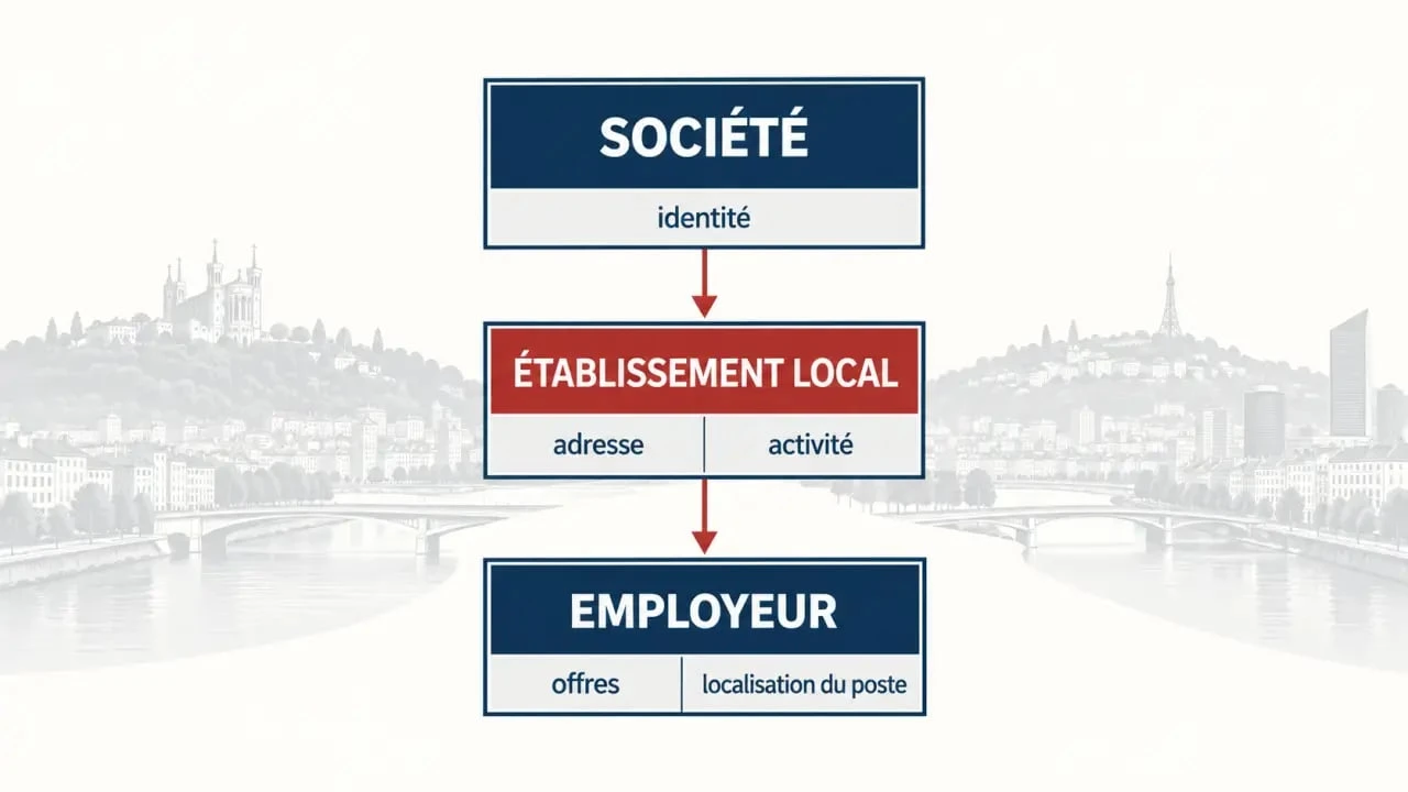 Infographie sur la recherche « lyon entreprise » et la distinction entre société, établissement local et employeur