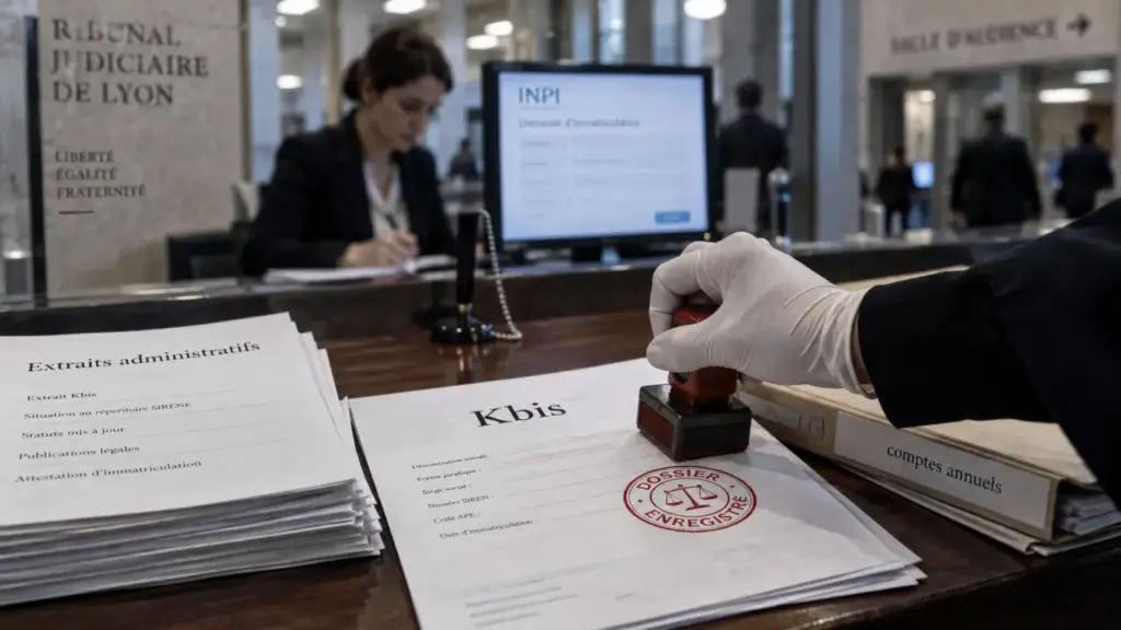 Greffe du tribunal de commerce de Lyon : tampon Kbis pour dépôt
