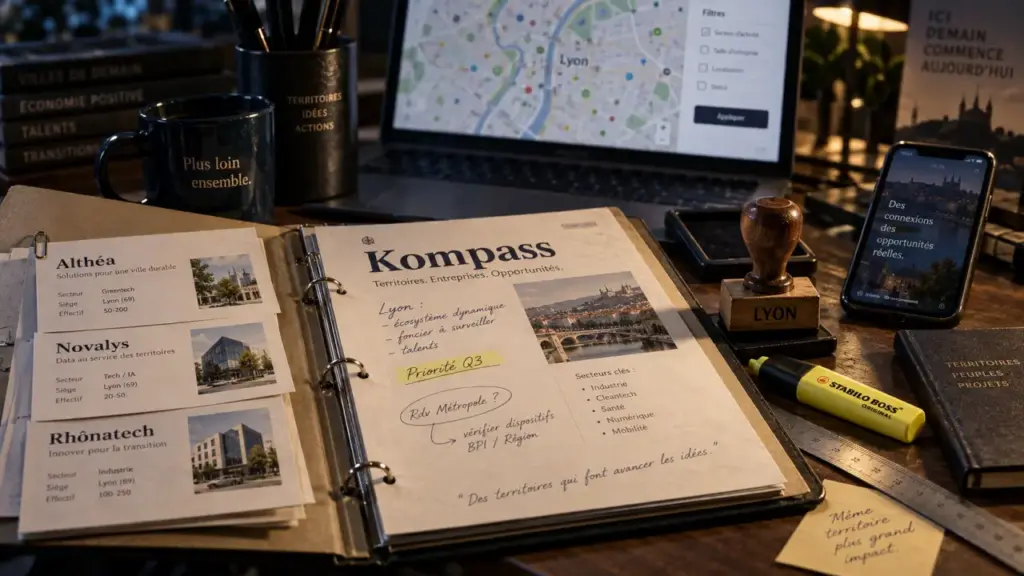 Kompass liste entreprise lyon sur document, cachet Lyon et ciblage B2B