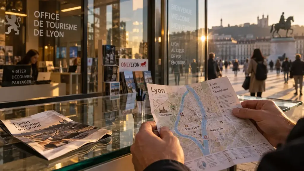 office du tourisme lyon à Bellecour, comptoir vitré et plan de Lyon