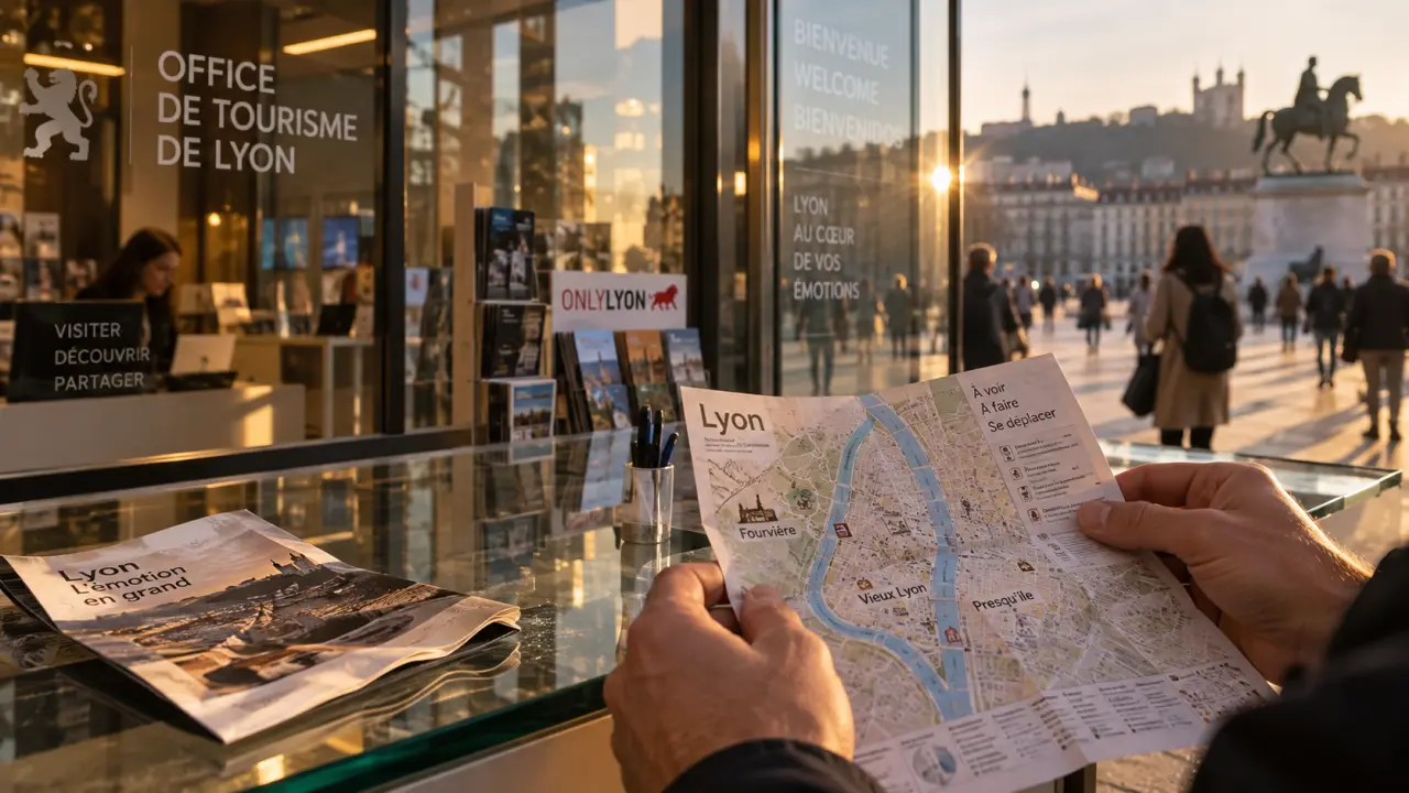 office du tourisme lyon à Bellecour, comptoir vitré et plan de Lyon
