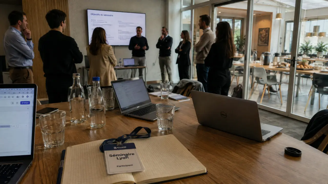 Séminaire multi-activités Lyon : badge sur carnet, équipe en réunion